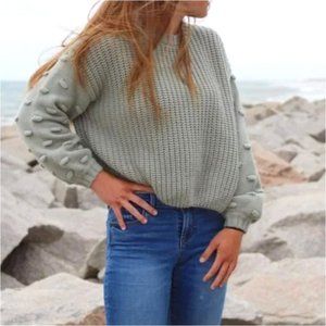 🌼 Moon & Madison Chunky Knit Bobble Sleeve Crop Sweater in Sage, S NWOT